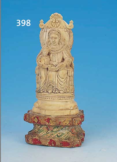 SKULPTUR, GOA, UM 1800, ELFENBEIN, FEINE SCHNITZEREI VON MUTTER UND KIND AUF THRON, HOLZSOCKEL MIT RESTEN BUNTER FASSUNG, ...