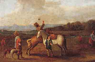 UNBEKANNTER MALER, DEUTSCH, UM 1770-80, FALKNER MIT GEFOLGE UND JAGDHUNDEN AUF DEM FELD, ÖL/LWD (REST.), UNSIGN., CA. 31 X 38 ...