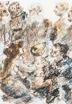 CORINTH, LOVIS, 1858-1925, DER TOD ATTINGHAUSENS, FARBLITHOGRAPHIE AUS: WILHELM TELL, HANDSIGN., CA. 23,5 X 18,5 CM, WVZ MüLLER ...