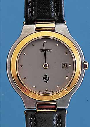 FERRARI HERRENARMBANDUHR, REF.-NR. 15400, SCHWEIZ UM 1995, EDELST. MATT., KRONE, LüNETTESOWIE SCHARNIERBANDANST. HARTVERG., ORIG.- LEDERB. M. ...