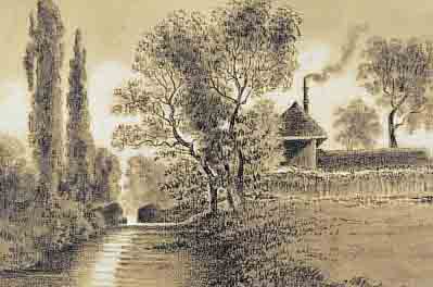 CALAMé, ALEXANDRE, 1843-1919, LANDSCHAFT MIT GEHöFT AM BACHLAUF, BLEISTIFT- ZEICHNUNG AUF PAPIER, GEBRäUNT, SIGNIERT UND DAT. ...