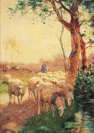 MEURS, HARMEN, 1891-1964, HIRTE MIT SEINEN SCHAFEN AUF EINEM WEG AM BACHLAUF, AQUARELL/PAPIER, RE. U. SIGN., CA. 54 X 35 ...