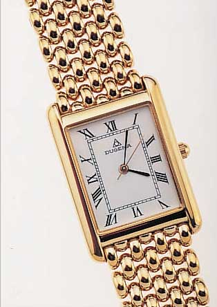 DUGENA HERRENARMBANDUHR, REF.-NR. 39041, SCHWEIZ/DEUTSCHLAND UM 1994, METALL HARTVER- G., INCL. BAND, MINERALFLACHGL., EMAILFARB. ...