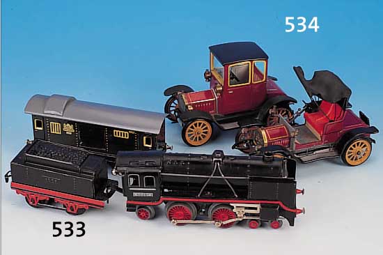 EISENBAHN, DEUTSCH, 50ER JAHRE, U.S. ZONE, BLECH, BESTEHEND AUS EINER LOKOMOTIVE, MIT TENDER UND DREI WAGGONS