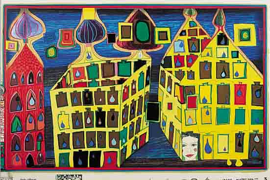 HUNDERTWASSER, FRIEDENSREICH, SIEBDRUCK MIT METALLFOLIENDRUCK AUS DER REGENTAG-MAPPE, NUM. 2312/3000, SIGN.-STEMPEL,LEICHT ALTERSBE-DINGT ...