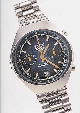 HEUER/LEONIDAS ARMBANDCHRONOGRAPH, SCHWEIZ UM 1970, EDELST., NEUTR. EDELST.-BAND, BODEN GESCHR., ZUR BESSEREN STOPPBED. KRONE AUßEN ...