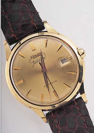 RADO HERRENARMBANDUHR JUBILAR, REF.-NR. 11699, SCHWEIZ UM 1954, GG 585/000, BODEN U. GLASR. GEDR., MATT VERG. BLATT M. AUFGEL. ...