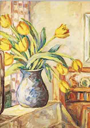 WAAS, DAT. 25, ÖL/PAPPE, STILLBEN MIT GELBEN TULPEN, 69 X 59 CM