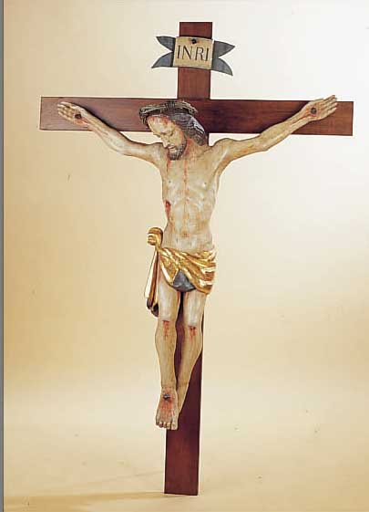 GROßER CHRISTUS AM KREUZ, SüDDEUTSCH, 18. JAHRHUNDERT, LINDENHOLZ GESCHNITZT, KREUZ UND FASSUNG ERGäNZT, FASSUNG ...
