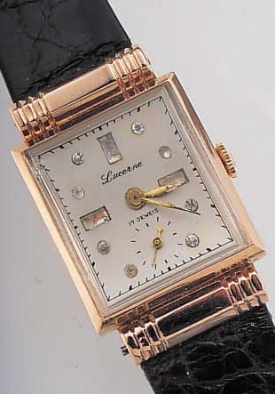 LUCERNE DAMENARMBANDUHR, SCHWEIZ/USA UM 1949RG 585/000, CARREE-FORM M. VERD. BANDANST., MINERALKONKAVGL., MINIM. BESCH., BODEN GEDR., BLATT REST., ...