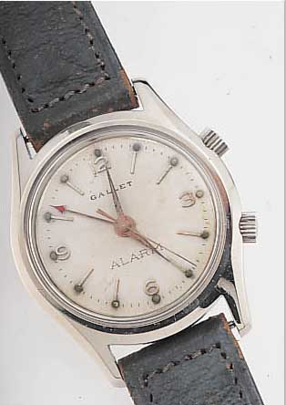 GALLET & CO ARMBANDWECKER, SCHWEIZ UM 1964, EDELST., BODEN GESCHR., ORIG.-BLATT FARBL. GET., 17 ST., HANDAUFZUGKAL. VON AS, GEH.- U. WECKWERK ...