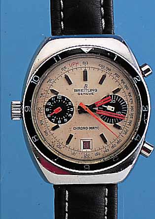 BREITLING ARMBANDCHRONOGRAPH CHRONOMATIC, REF.-NR. 2112, SCHWEIZ UM 1969, EDELST., BODEN GESCHR., ZUR BESSEREN STOPPBED. KRONE AUßEN 9, ...