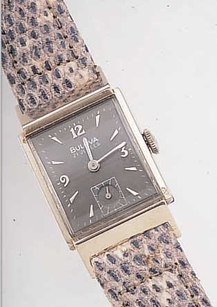 BULOVA DAMENARMBANDUHR, USA UM 1948, WG- FILLED, BODEN GEDR., FORMANKERW., 21 ST., HANDAUFZUGKAL. 8AE, SCHR.-UNR., BREG.-SPIR., LEDERB. NEU, ...