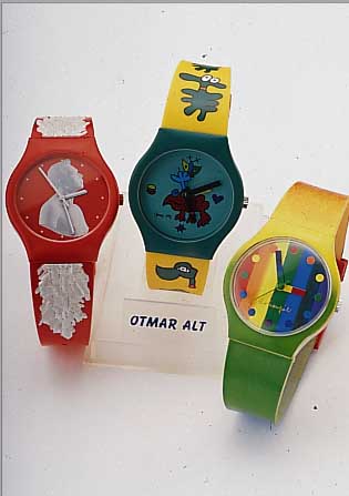 KONVOLUT: 5 X CHAOS WATCH, VERSCH. MOTIVE, ALLE QUARTZUHREN (DOKOUPIL, MELRAMOS, IMMEN- DORFF, OTMAR ALT, JEFF KOONS), INCL. STäNDER, LIMITED ...