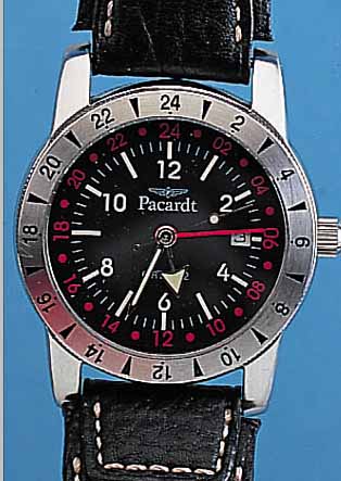 PACARD HERRENARMBANDUHR/GLYCINE AIRMAN 2000 WORLDTIMER, REF.-NR. 3764, SCHWEIZ UM 1999, EDELST. POL., BODEN U. KRONE GESCHR., BEI FERTIGST. ...