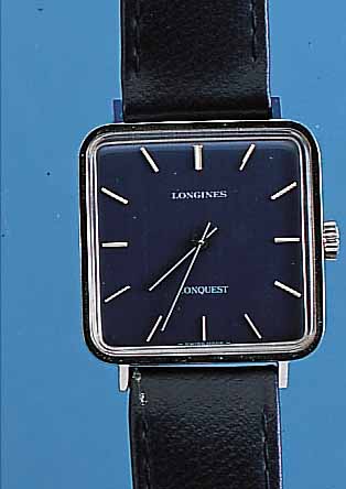 LONGINES HERRENARMBANDUHR CONQUEST, REF.-NR.1020/1/528, SCHWEIZ UM 1980, EDELST. POL., BODEN GEDR., ORIG.-LEDERB. U. STIFTSCHL., WOHL ALTER ...