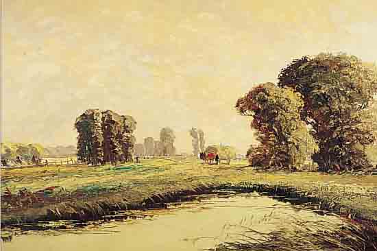 COUNE, JEAN, *1900 DüSSELDORF - 1963, TIER-, LANDSCHAFTS- UND MARINEMALER, SCHüLER VON H. LIESEGANG, HIER: HEUERNTE AN EINEM SEE,ÖL/LWD., ...