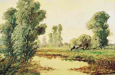 COUNE, JEAN, *1900 DüSSELDORF - 1963, TIER-, LANDSCHAFTS- UND MARINEMALER, SCHüLER VON H. LIESEGANG, HIER: KüHE AUF DER WEIDE AN EINEM ...