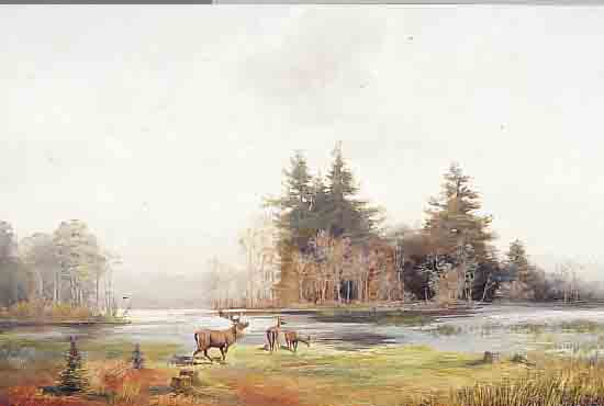 HEITSCH, CL. O.ä., ROMANTIKER DES 19. JH., HIER: ROTWILD AN EINEM WALDSEE, ÖL/LWD., SCHWER LESBAR SIGN., DAT. 1893, 60 X 80 CM, R.