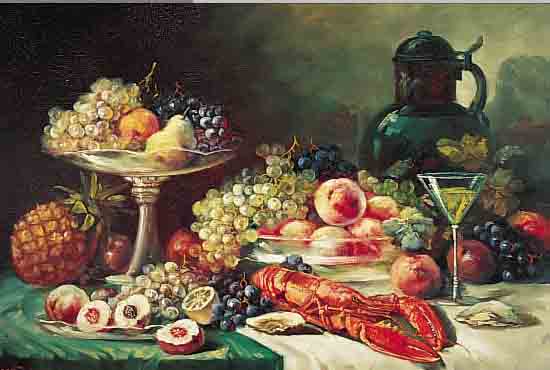 HORSTMANN, E., KüNSTLER UM 1920, HIER: PRACHTVOLLES BLUMENSTILLEBEN MIT HUMMER, KELCH UND KARAFFE, ÖL/LWD., SIGN., 70 X 100 CM, R.