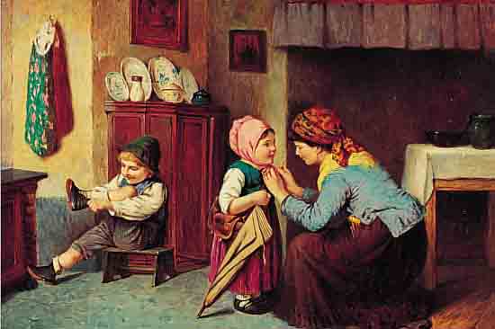 JELINEK, RUDOLF, *1880 BRüNN, SUDETEN- DEUTSCHER MALER UND LITHOGRAPH, WAR SCHüLER VON HLAWATSCHEK IN WIEN, HIER: MUTTER HILFT IHREN ...