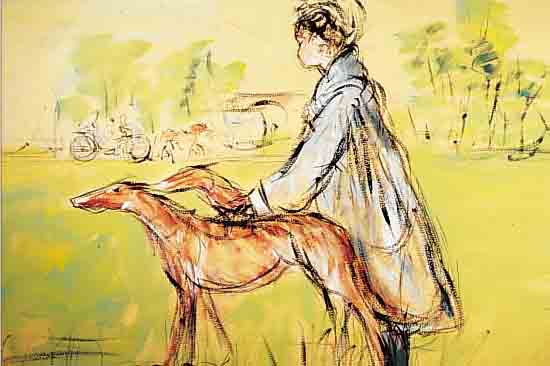 JäGER, WILLY, TäTIG 2. HäLFTE 20. JH. IN UETTINGEN, HIER: JUNGE DAME MIT WINDHUNDEN, ÖL/MALKARTON (MIN. BESCH.), SIGN., 70 X 100 CM, R.