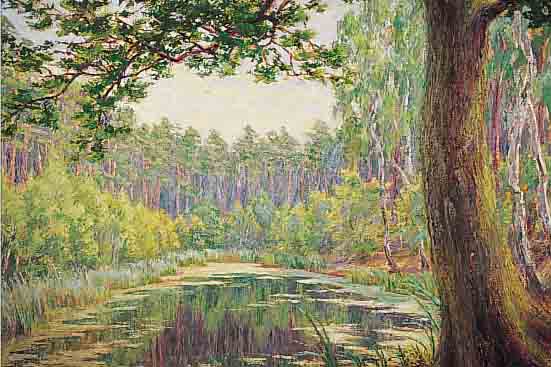 LANGKAU, ERHARD, *1877 SAMOTSCHIN I. POSEN, SCHüLER DER BERLINER AKADEMIE, WIRKTE IN BER- LIN, HIER: WALDFLIESS, ÖL/LWD. (L. ALTERS- SPUREN), ...