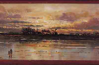 MEHRNIA, H., IMPRESSIONIST MITTE 20. JH., HIER: ABENDHIMMEL üBER DORF MIT WINDMüHLE AN EINEM SEE, ÖL/HOLZ, SIGN., 11 X 26 CM, R.