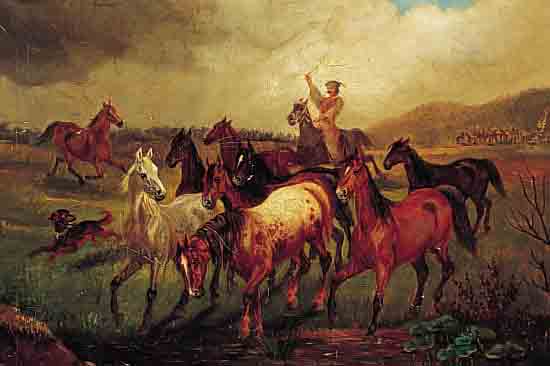 MONOGRAMIST O P, UM 1900, WOHL UNGARN, HIER: REITER MIT HUND UND PFERDEHERDE IN DER STEPPE, ÖL/LWD., (ALTERSSPUREN), MONOGR., 40 X 50 CM, ...