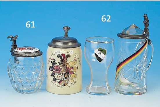 ZWEI BIERKRüGE, DT., STUDENTIKA, UM 1900/1929, 1X STEINZEUG, BUNTE BEMALUNG, SCHöNE WAP- PENDARST., BEZ. RHENO GERMANIA SEIS PANIER!, WIDMUNG U. ...