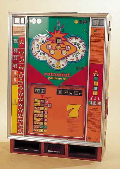 SPIELAUTOMAT, NSM, ROTAMINT GOLDENE 7, 1981, FUNKTION NICHT GEPRüFT, DA OHNE STECKER MIT SCHLüSSEL, 86 X 59 X 27.5 CM