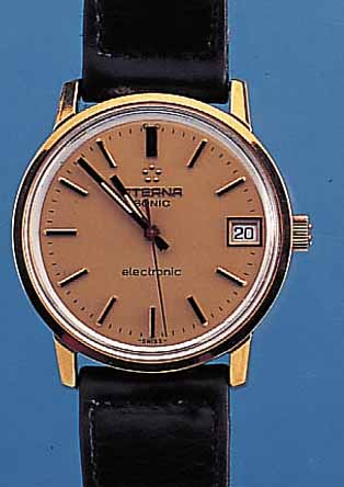 ETERNA HERRENARMBANDUHR SONIC, REF.-NR. 5790861, SCHWEIZ UM 1969, METALL HARTVERG., EDELST.-BOD. GESCHR., ZENTRALSEK., DAT., ELEKTRONIK ...