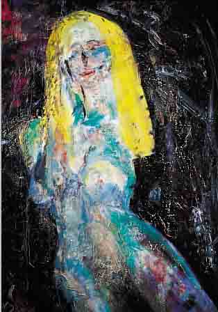 RABUS, CARL, MüNCHNER KüNSTLER UM 1960, ÖL/HARTFASER, 122 X 80 CM, JUNGER WEIBLICHER AKT MIT GELBEN HAAREN, ...