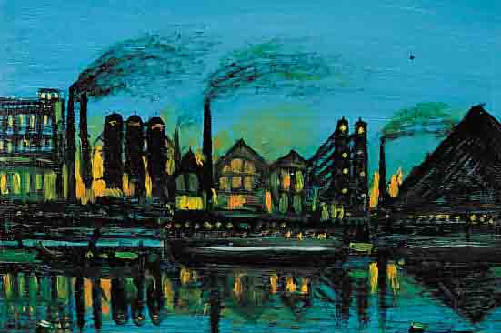 SCAUFLAIRE, EDGAR, *1893 LüTTICH - 1960, ÖL/LWD., 49 X 59 CM, FABRIKLANDSCHAFT IN DER ABENDDäMMERUNG, SIGN., STUD. IN LüTTICH, WERKEU. A. IN ...