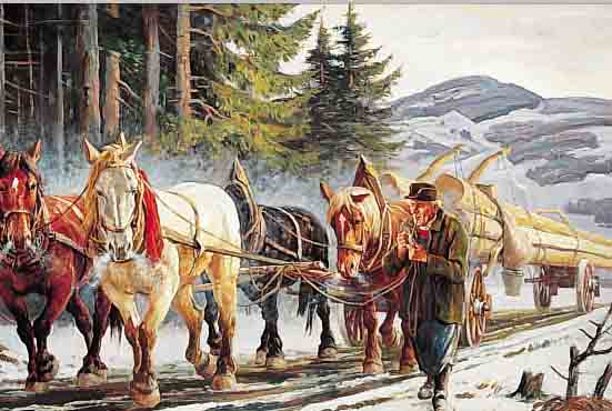SCHNEIDER, WILHELM, *1896 HEIDELBERG, SCHü- LER DER KARLSRUHER AKADEMIE, WIRKTE IN CRAILS-HEIM, PFERDEGEZOGENER HOLZWAGEN IN WINTER- LICHEM ...