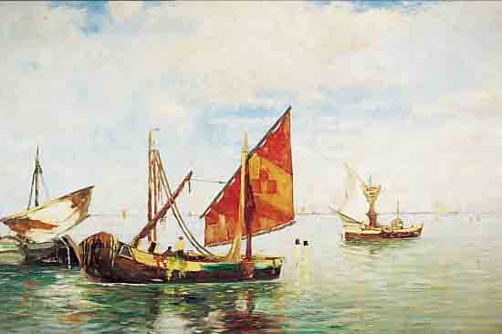 SEDLMAIER, MüNCHNER KüNSTLER, ANF. 20. JH., ÖL/LWD., 70 X 100 CM, SIGN. U. ORTSBEZ. MüN- CHEN, FISCHERBOOTE AUF EINEM WEITEN SEE, R.