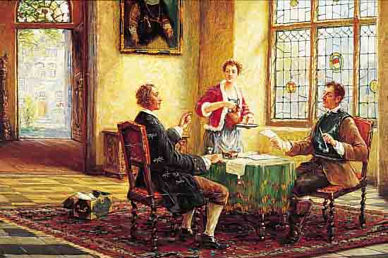 SOMMER, JöRG, *1881 NEUSS, ÖL/LWD., SIGN., 65 X 75 CM, BURGINTERIEUR MIT 2 HERREN AM TISCH MIT DOKUMENTEN UND EINER SCHANKMAGD, R.