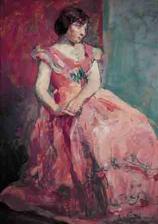 SPIELBERG, HERTHA, *1890 ALTONA, ÖL/LWD. (MIN. BESCH.), 82 X 65 CM, STEHENDE JUNGE FRAU IN ROSEFAR- BENEM ...