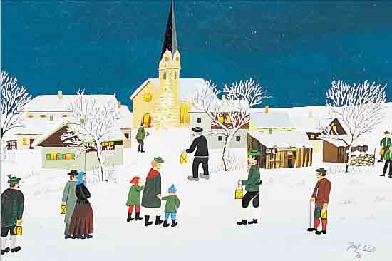 WAHL, JOSEF, NAIVER BERLINER KüNSTLER, HIER: AUF DEM WEG ZUR CHRISTMETTE IN WINTER- LICHEM DORF, ÖL/LWD., SIGN. U. DAT. (19)76, 30 X 40 ...