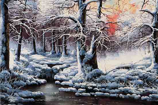 ALBERT, BELGISCHER LANDSCHAFTSMALER MITTE 20. JH., HIER: ABENDSONNE üBER WINTERLICHEM WALD MIT BACH, ÖL/LWD., SIGN., 60 X 90 CM, R.