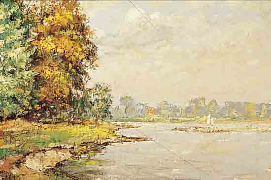 AUFENANGER, HEINRICH, DEUTSCHER LANDSCHAFTS-MALER, NACHGEWIESEN UM 1930 (DRESSLER), WAR TäTIG IN GELSENKIRCHEN, HIER: SOMMERLICHES SEEUFER IN ...