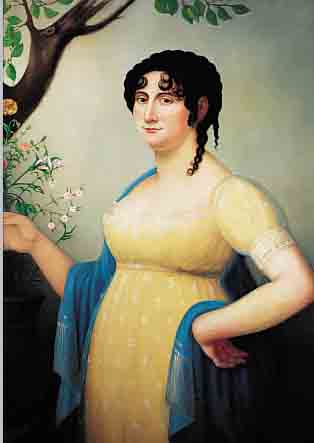 KüNSTLER, UM 1830, FRAU IM GELBLICHEN KLEID MIT BLUMEN IN DER HAND, ÖL/LWD., VERSO BEZ., 96 X 71 CM, R.