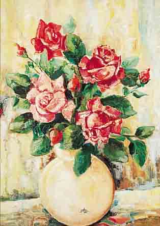 BRAUN, HEINRICH, *1893 KARLSRUHE, MALER, MODELLEUR UND RAUMKüNSTLER, WAR DIREKTOR DER FAYENCEFABRIK KARLSRUHE, HIER: ROTE ROSEN IN KUGELVASE, ...