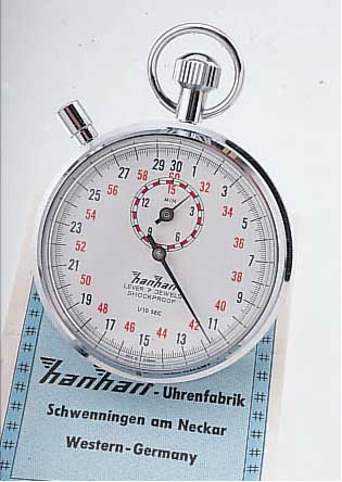 HANHART EINHANDSTOPPER, REF.-NR. 46/10, DEUTSCHLAND UM 1980, UNGETR. LAGERW., METALL VERCHR., 30- U. 60-AUßENTEILUNG, 15-MIN.- ...