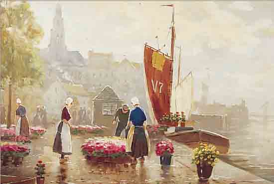 HENSEMANN O.ä., DüSSELDORFER SCHULE, MITTE 20. JH., HIER: HOLLäNDISCHER BLUMENMARKT AN EINER GRACHT MIT ZAHLREICHEN PASSANTEN, ÖL/LWD., ...