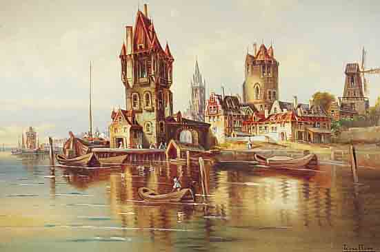 HOLLäNDISCHER KüNSTLER, 1. HäLFTE 20. JH., HIER: BLICK AUF EINEN HOLLäNDISCHEN HAFEN, ÖL/LWD., SPäTER BEZ. L. VAN HOWE, DOUBL., 69 X ...