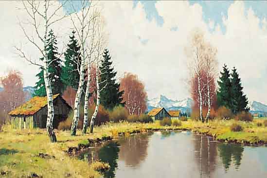 SCHAETTE, KARL, *1884 CORBACH - 1951 MüNCHEN, BAUMBESTANDENER BERGSEE IN VORALPENLANDSCHAFT,ÖL/LWD., ...
