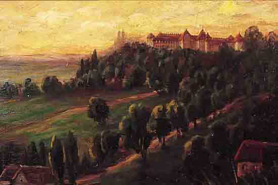 UNBEK. KüNSTLER D. 19./20. JH., WOHL SüD- DEUTSCH, ABENDLICHER HIMMEL üBER SCHLOSS AUF BEWALDETEM HüGEL, ÖL/MALKARTON, UNSIGN., 35 X 49 ...