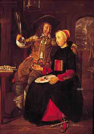 UNBEK. KüNSTLER DES 19. JH., NACH äLTEREM VOR-BILD, LANDSKNECHT UND MäDCHEN AM TISCH, FEINE MALEREI, ÖL/LWD. (L. ALTERSSPUREN), 36 X 31 ...