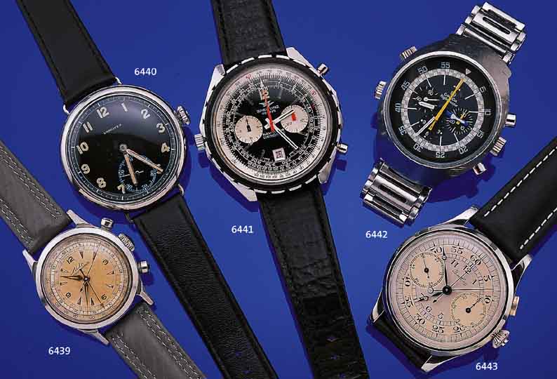 ARMBANDCHRONOGRAPH RATTRAPANTE, VALJOUX BASISKAL. 55, SCHWEIZ UM 1938, EDELST., BODEN U. GLASR. GEDR., INNENBODEN U. REST. BLATT SIGN., ...